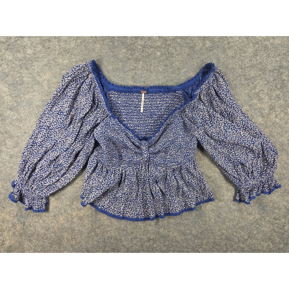 Free People Blue Floral Smocked Peplum Puff Sleeve Top Small Boho Eyelet Trim